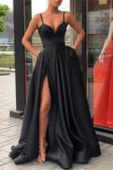 Alluring Black Spaghetti Strap Side Slit Prom Dresses Sleeveless Evening Dresses with Pocket