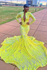 Amazing Yellow V-Neck Long Sleeve Long Appliques Mermaid Prom Dress