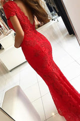 Backless V-neck Short Sleeves Lace Prom Dress Mermaid Red Long