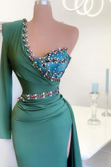 Beaded Green Long Prom Dress One Shoulder With Long Sleeve On One Side