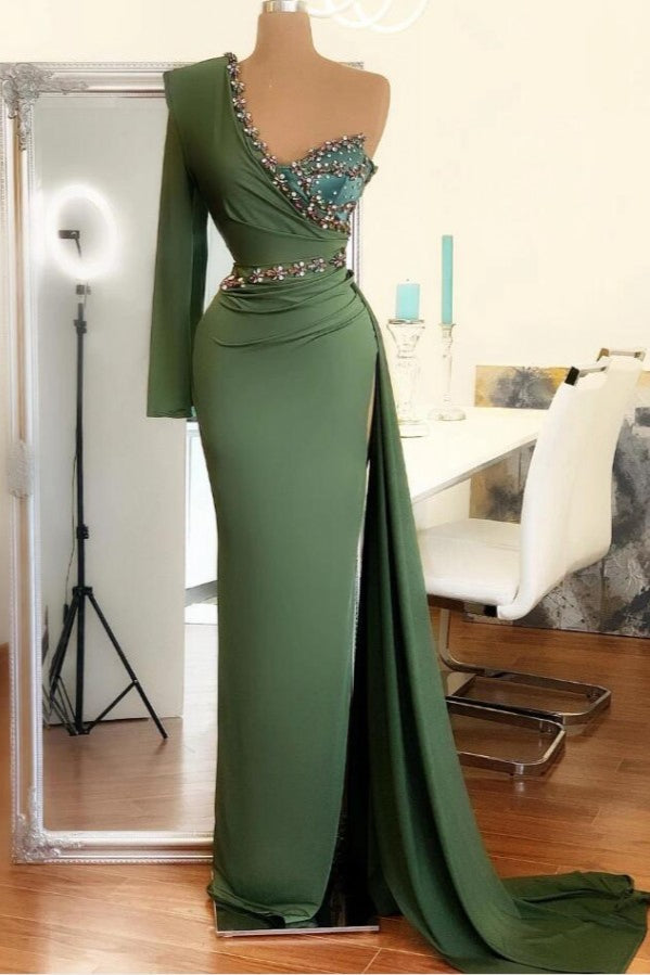 Beaded Green Long Prom Dress One Shoulder With Long Sleeve On One Side
