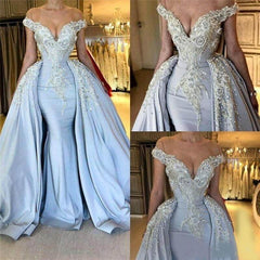 Blue Off-the-Shoulder V-neck Mermaid Beading Appliques Prom Dresses With Overskirt