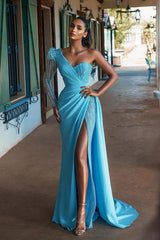 Blue One Shoulder Long Sleeve Prom Dress Mermaid Split With Sequins