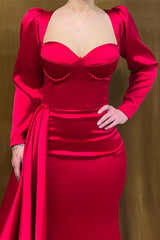 Charming Long Strapless Red Satin Mermaid Evening Prom Dresses With Long Sleeves