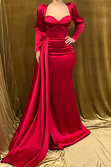 Charming Long Strapless Red Satin Mermaid Evening Prom Dresses With Long Sleeves