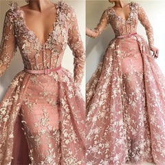 Chic See-Through Tulle Pink Long Sleevess Mermaid Prom Party Gowns