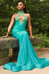 Chiffon Halter Sexy Green Mermaid Prom Dress Beaded Long Backless