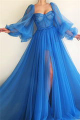 Elegant Blue Tulle Long Sleeves Prom Dress Sweetheart Long Beaded With Slit