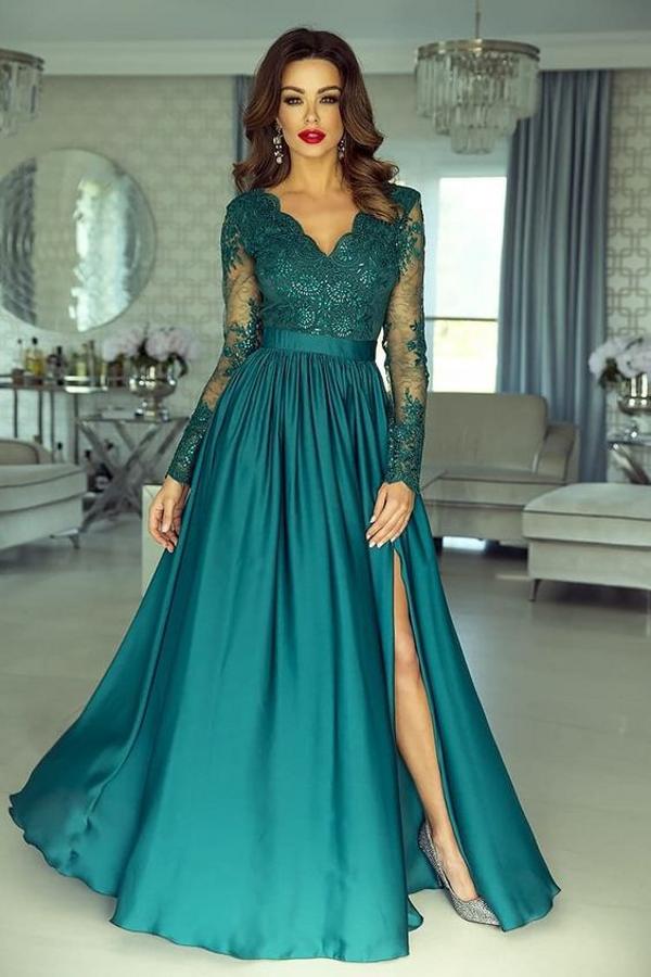 Elegant Long Sleeve Prom Dress Lace Appliques Evening Gowns With Split