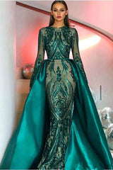 Emerald Green Long Sleevess Mermaid Prom Party Gowns with detachable Train
