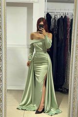 Fabulous Long Strapless Front Split Satin Mermaid Evening Prom Dresses With Long Sleeves