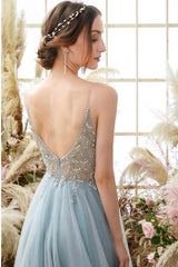 Glorious A-line Blue V-neck Spaghetti Straps Slit Beading Prom Dress