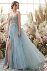 Glorious A-line Blue V-neck Spaghetti Straps Slit Beading Prom Dress