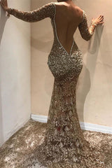 Gorgeous Mermaid Long Sleevess Open Back Sequins Prom Dresses