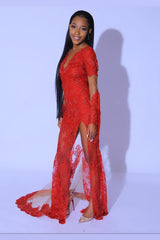 Long Sexy Red Front Slit Prom Dress Lace Long Sleeves