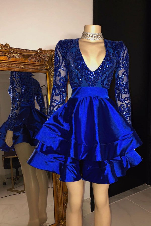 Long Sleeves V-Neck Lace Prom Dress Sequins Blue Short