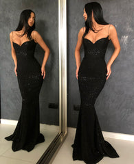 Sexy Black Spaghetti Straps Mermaid Prom Dress Sequins Chiffon Long