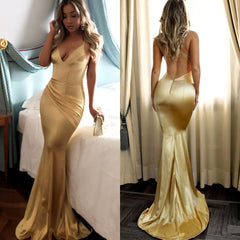 Sexy Spaghetti Straps Backless Mermaid Prom Dress Sequins V-Neck Chiffon Gold Long