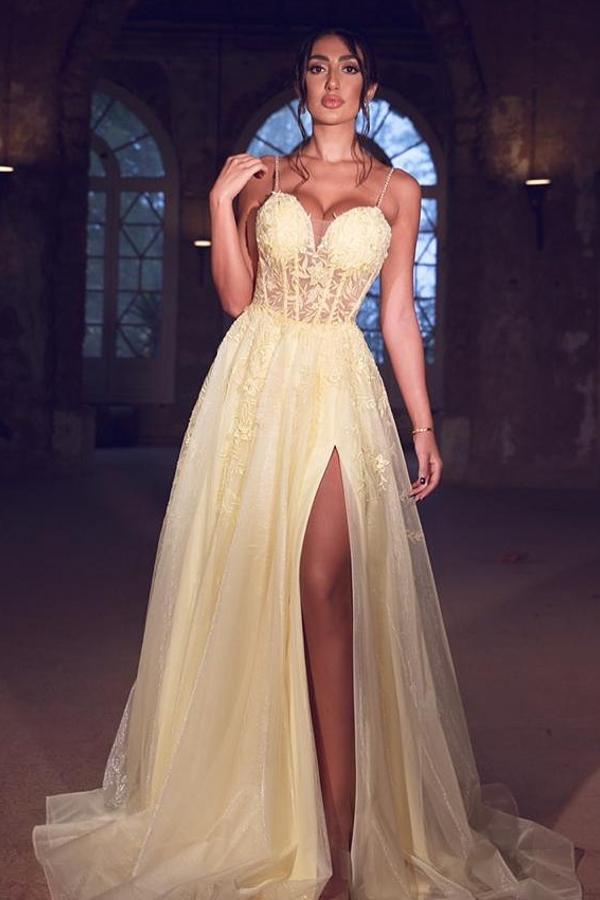 Sexy Tulle Spaghetti Straps Yellow  Prom Dress Lace Long With Split