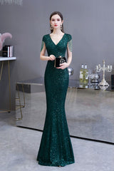 Shining Sequined Emerald Green Mermaid Cap sleeve Long Prom Party Gowns