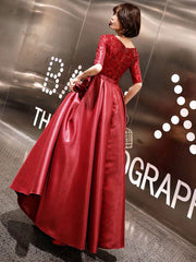 Stunning Evening Dresses Burgundy Half Sleeve Sequin Satin Floor Length Long Prom Gown
