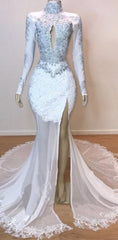 White Gorgeous Lace Long Sleevess Prom Dresses Sheer Tulle Slit Mermaid Evening Gowns