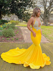 Yellow Appliques Lace V-Neck Spaghetti Straps Long Mermaid Prom Dress