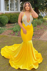 Yellow Appliques Lace V-Neck Spaghetti Straps Long Mermaid Prom Dress