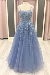 Blue Tulle Lace Applique Long Corset Prom Dress, Lace Corset Formal Dress outfit, Pleated Dress