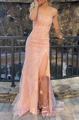 Pink Strapless Lace Long Corset Prom Dress with Slit Gowns, Prom Dress Ideas Black Girl