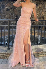 Pink Strapless Lace Long Corset Prom Dress with Slit Gowns, Prom Dresse Two Piece