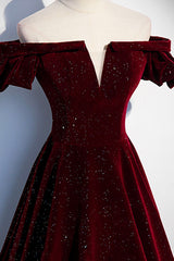 Burgundy Velvet Long Corset Prom Dresses, Off the Shoulder Corset Formal Evening Dresses outfit, Black Long Dress