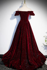 Burgundy Velvet Long Corset Prom Dresses, Off the Shoulder Corset Formal Evening Dresses outfit, Satin Bridesmaid Dress