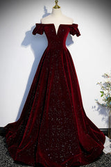 Burgundy Velvet Long Corset Prom Dresses, Off the Shoulder Corset Formal Evening Dresses outfit, Glamorous Dress