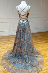 Grey Tulle Sequins Long Corset Prom Dresses, A-Line Spaghetti Straps Evening Dresses outfit, Prom Dresses Green Emerald