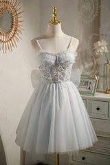 Gray Tulle Short A-Line Corset Prom Dress, Cute Evening Party Dress Outfits, Prom Dress 2042