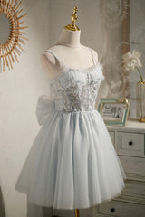Gray Tulle Short A-Line Corset Prom Dress, Cute Evening Party Dress Outfits, Prom Dresses 2042