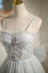 Gray Tulle Short A-Line Corset Prom Dress, Cute Evening Party Dress Outfits, Prom Dresses Off The Shoulder
