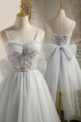 Gray Tulle Short A-Line Corset Prom Dress, Cute Evening Party Dress Outfits, Prom Dresses Beautiful