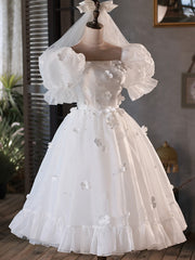 White Tulle Short A-Line Corset Prom Dress, Cute Puff Sleeve Party Dress Outfits, Party Outfit