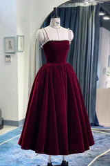 Burgundy Velvet Short Corset Prom Dress, A-Line Party Dress with Pearls Gowns, Evening Dresses Online