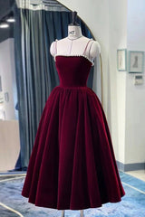 Burgundy Velvet Short Corset Prom Dress, A-Line Party Dress with Pearls Gowns, Evening Dresses On Sale