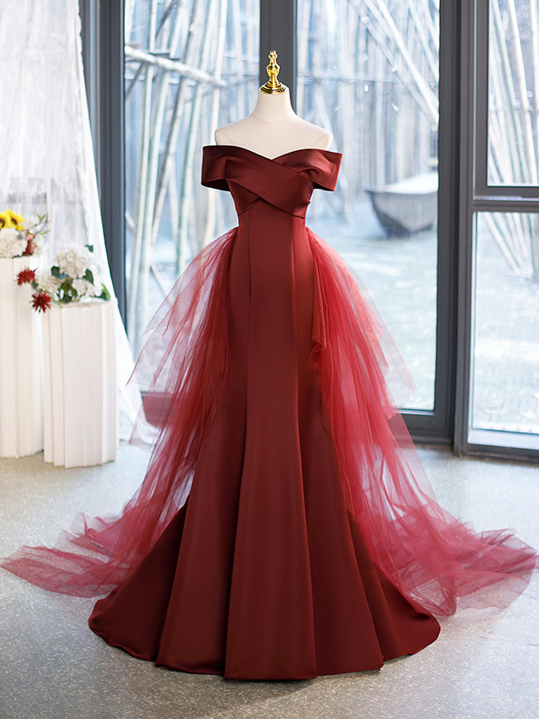 Mermaid V-Neck Satin Long Corset Prom Dress, Burgundy Off Shoulder Evening Dress with Bow outfit, Bridesmaid Dresses Inspiration