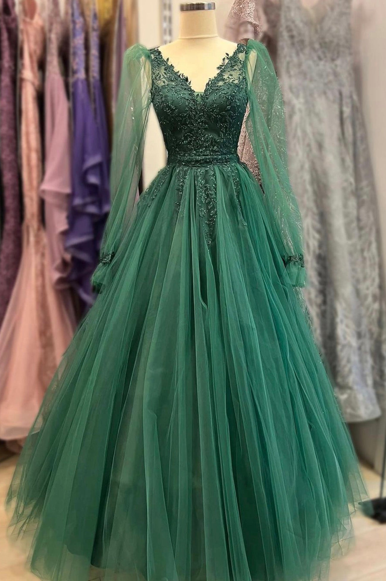 Green V-Neck Tulle Long Corset Prom Dresses, A-Line Long Sleeve Evening Dresses outfit, Prom Dresses Blue Light