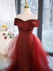 Mermaid V-Neck Satin Long Corset Prom Dress, Burgundy Off Shoulder Evening Dress with Bow outfit, Bridesmaid Dress Inspiration
