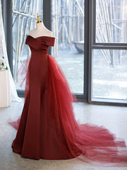 Mermaid V-Neck Satin Long Corset Prom Dress, Burgundy Off Shoulder Evening Dress with Bow outfit, Bridesmaid Dress Idea