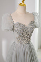 Gray Tulle Beading Long Corset Prom Dress, A-Line Short Sleeve Evening Dress outfit, Prom Dresses Stores