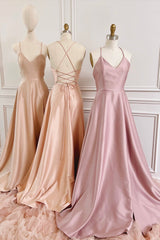 Simple V-Neck Satin Long Corset Prom Dress, A-Line Backless Evening Dress outfit, Party Dress Party