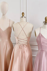 Simple V-Neck Satin Long Corset Prom Dress, A-Line Backless Evening Dress outfit, Party Dresses Casual