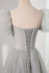 Gray Tulle Beading Long Corset Prom Dress, A-Line Short Sleeve Evening Dress outfit, Prom Dress Store